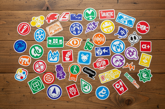 brightly colored stickers with logos, some circular, some square, some oddly shaped, laying on a wooden table