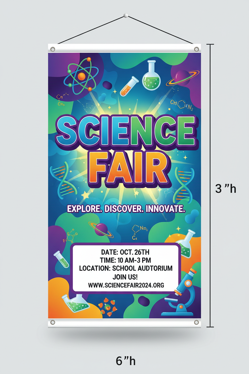 a 6 foot tall brightly colored banner promoting a science fair