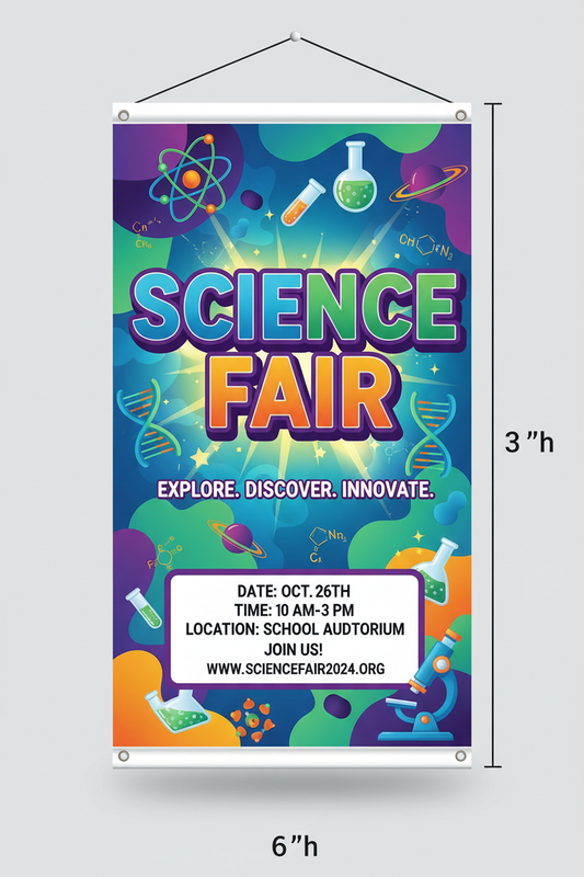 a 6 foot tall brightly colored banner promoting a science fair