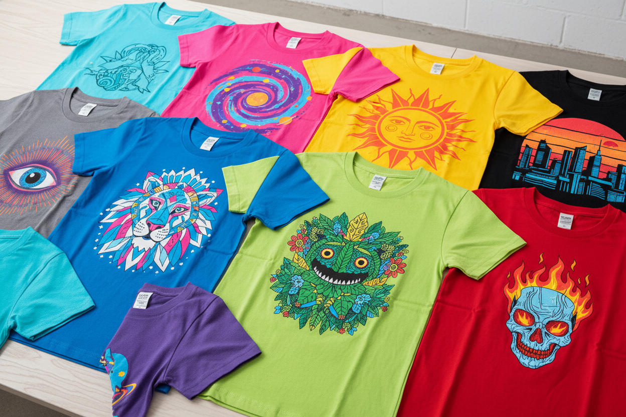 a collection of brightly colored graphic tees