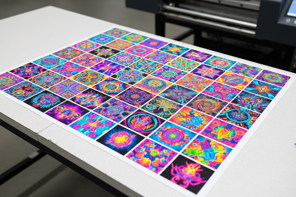 a dtf gang sheet filled with brightly colored art
