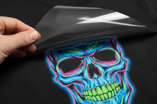 a dtf transfer of a neon skull being peeled off of a black tee shirt