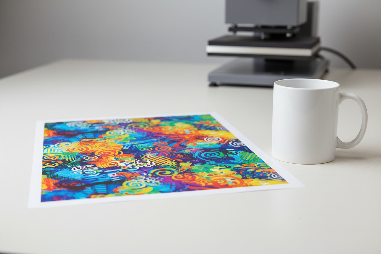 a dye sublimation sheet ready to be pressed onto a coffee cup