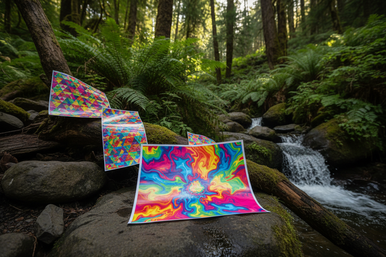 brightly colored dtf transfer film against a natural background