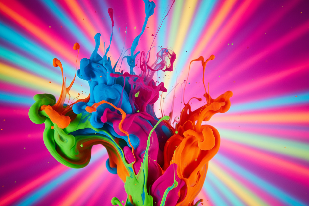 brightly colored ink spills on a neon background