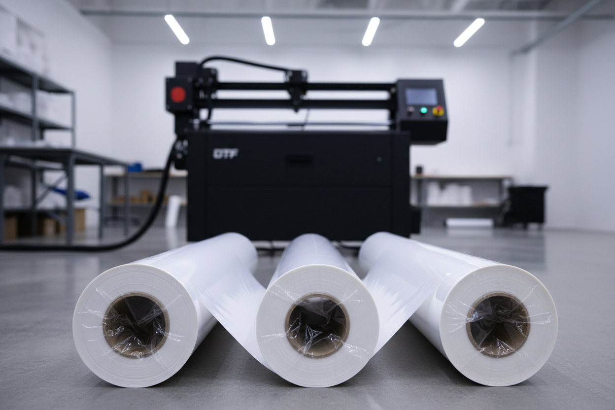 rolls of dtf film laying sideways in the foreground, a black dtf printer in the background