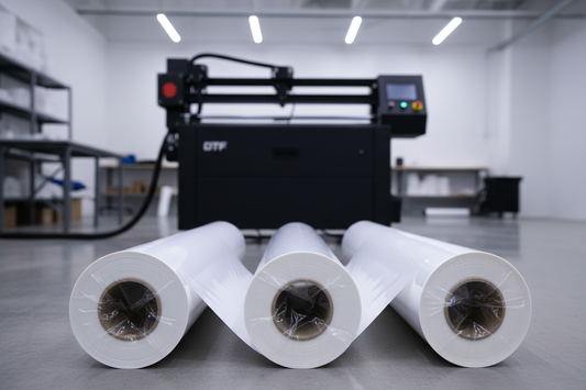 rolls of dtf film laying sideways in the foreground, a black dtf printer in the background